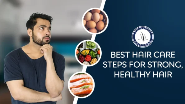 Hair Care Steps: A man thinking with images of eggs, vegetables, and salmon for healthy hair.
