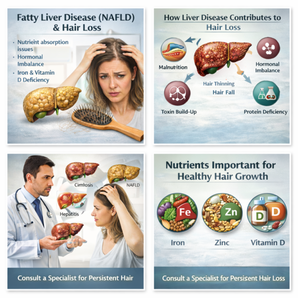 Infographic showing the connection between liver and hair loss, including fatty liver disease, cirrhosis, hepatitis, nutrient deficiencies, and factors that contribute to hair thinning and hair fall.