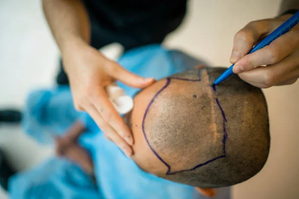 doctor marking male patient's head for cost effective hair transplant services