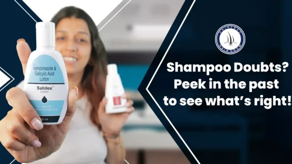 Shampoo Doubts? Woman holding two shampoo bottles, comparing options.