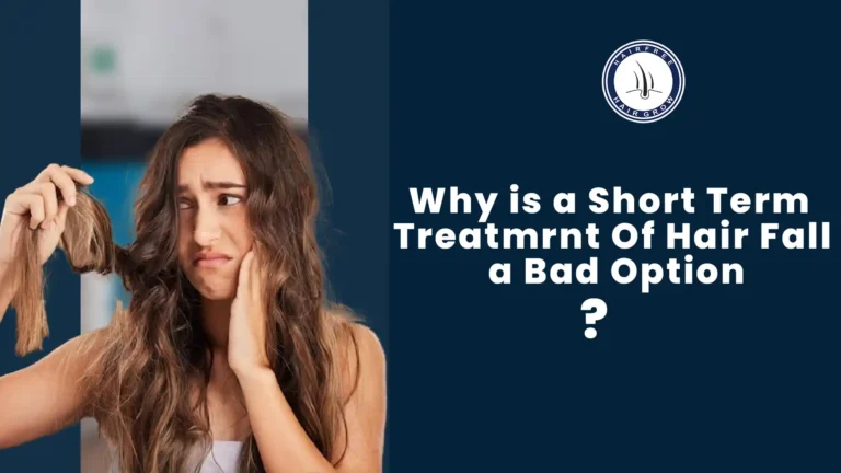 Treatment of Hair Fall: A worried woman holding damaged hair, concerned about hair fall