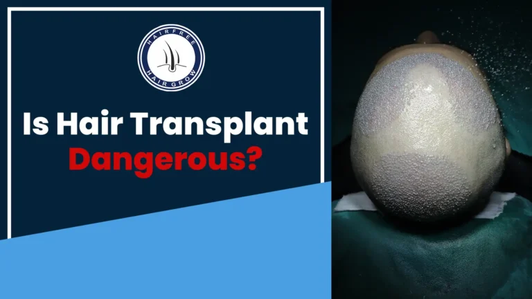 Close-up image of scalp post-hair transplant procedure with the text 'Is Hair Transplant Dangerous'.