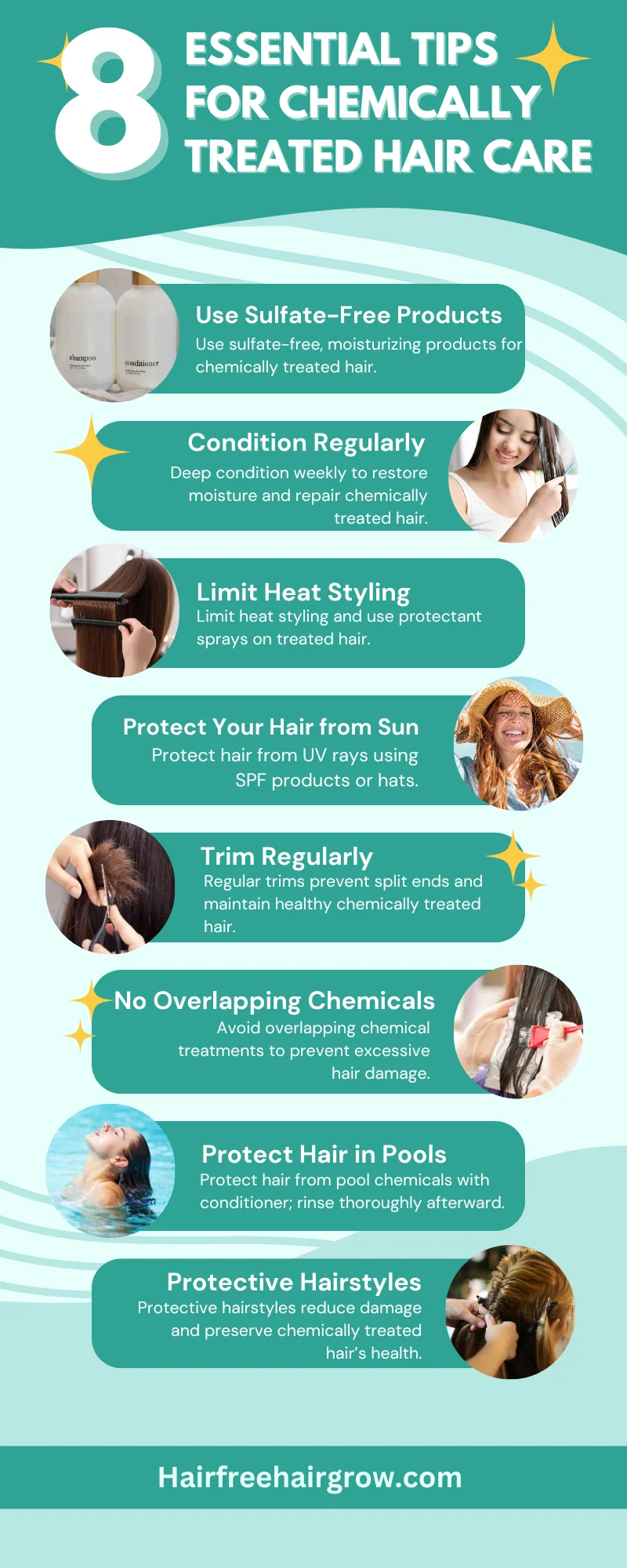 detailed infographic on 8 essential tips for chemically treated hair care