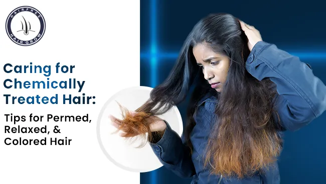 a concerned women looking at hairs with concern about caring chemically treated and colored hairs