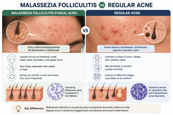 Malassezia folliculitis vs regular acne showing itchy uniform bumps from yeast overgrowth compared with varied acne lesions from clogged pores