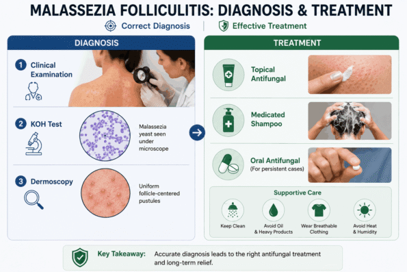 Malassezia folliculitis diagnosis and treatment showing clinical examination, KOH test, dermoscopy, antifungal treatment, and medicated shampoo