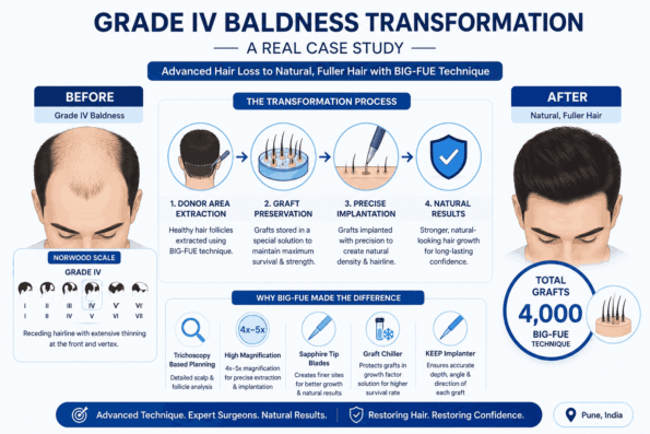 Hair Transplant in Pune Reviews infographic showing a Grade IV baldness transformation using the BIG-FUE technique with 4,000 grafts to restore a natural hairline and improved hair density.