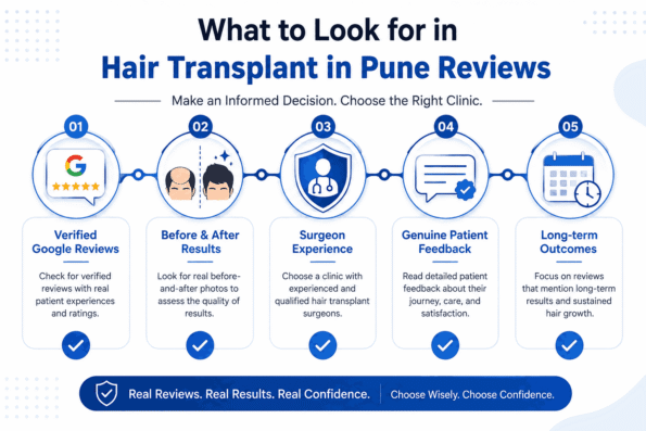 Hair Transplant in Pune Reviews infographic highlighting verified Google reviews, before and after results, surgeon experience, genuine patient feedback, and long-term treatment outcomes when choosing a hair transplant clinic in Pune.
