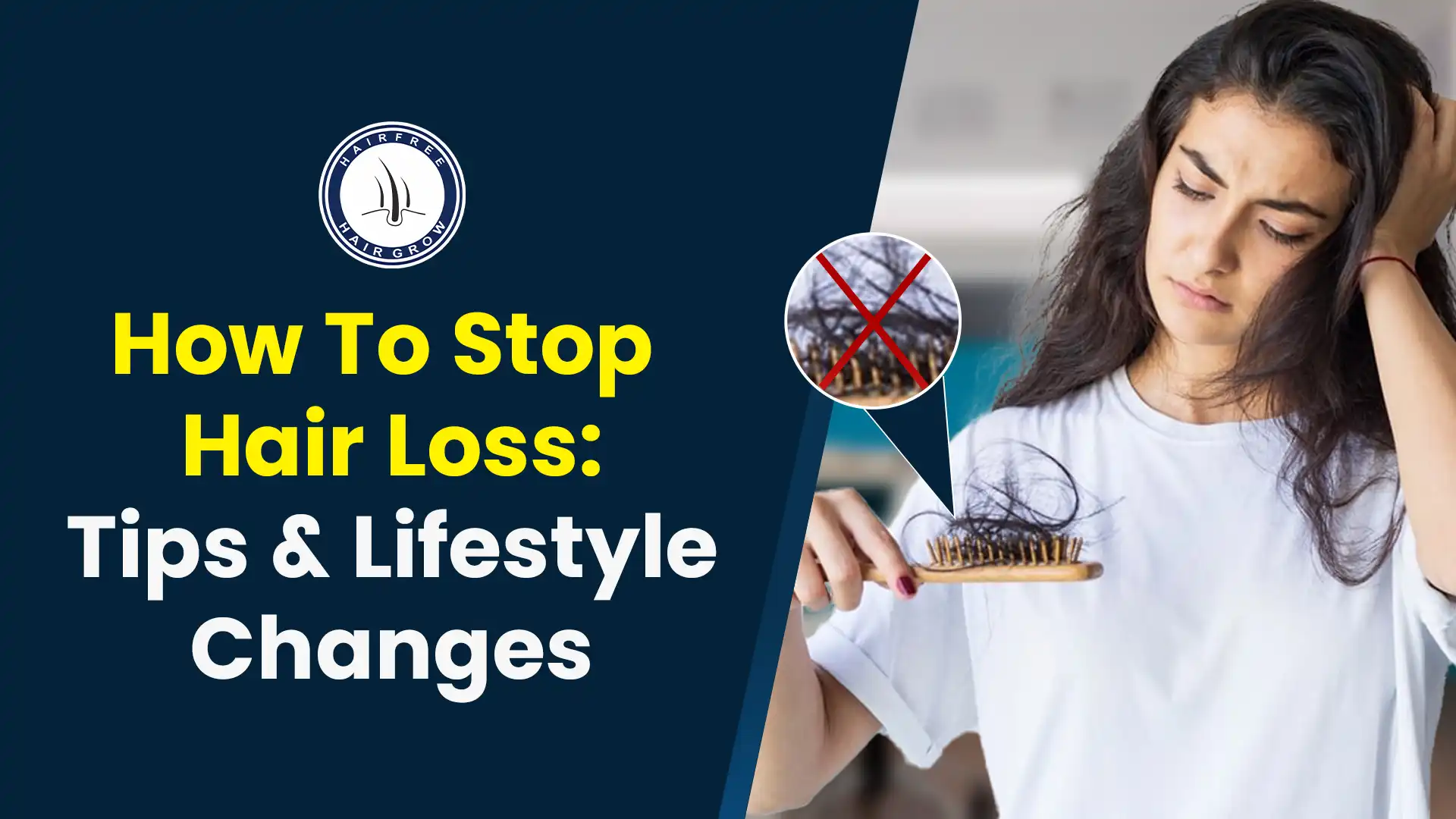 Woman with hair fall holding a brush. How to stop hair loss easily