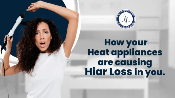 Woman using a curling iron with a worried face. Does heat cause hair loss
