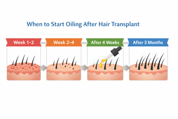 Hair transplant recovery timeline showing when to start oiling the scalp from week 1 to 3 months after surgery