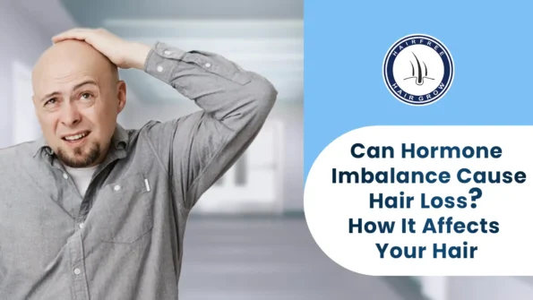 Bald man touching his head, showing concern about hair loss due to hormone imbalance