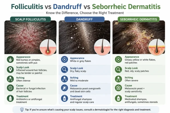 Folliculitis vs dandruff vs seborrheic dermatitis infographic