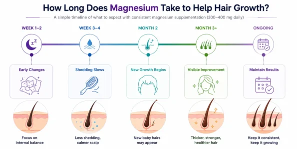 Timeline showing how magnesium helps reduce hair fall and improve hair growth from week 1 to month 3