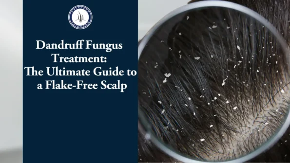Dandruff Fungus Treatment showing flakes on scalp under magnifying glass