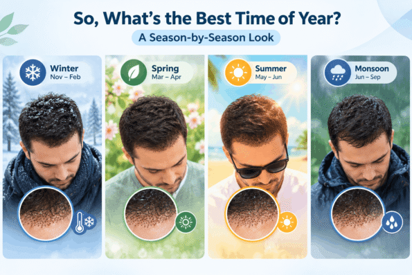 Best time of year for a hair transplant shown across winter, spring, summer and monsoon seasons