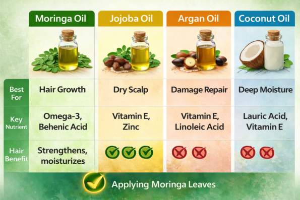Moringa Leaves for Hair Growth compared with jojoba oil, argan oil, and coconut oil for hair health benefits