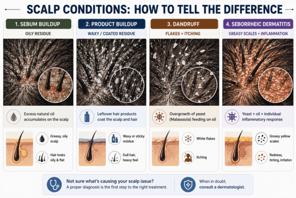Sebum buildup vs dandruff, product buildup, and seborrheic dermatitis showing differences in scalp appearance and symptoms.