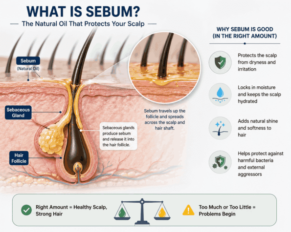 Medical illustration showing sebum released by the sebaceous gland through a hair follicle onto the scalp surface.