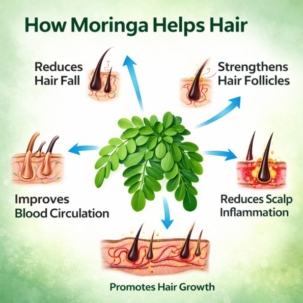 Moringa Leaves for Hair Growth infographic showing reduced hair fall, stronger follicles, and improved scalp circulation