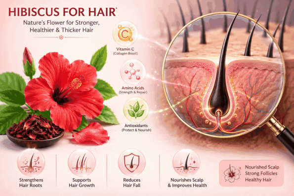 Hibiscus and Aloe Vera for Hair -Hibiscus flower and leaves with a scalp and hair follicle illustration showing nutrients and potential hair benefits