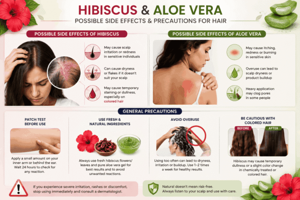 Hibiscus and aloe vera for hair showing possible scalp irritation, dryness, staining and precautions such as patch testing