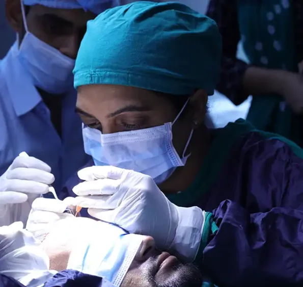 Close-up of angled graft insertion for a natural-looking hairline