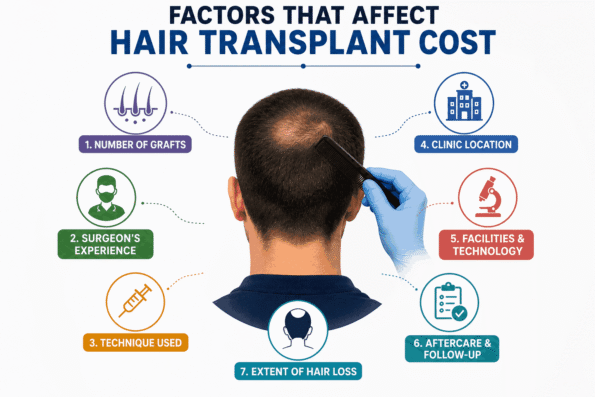 Factors affecting cost of hair transplant in surat including graft number, surgeon experience, technique, clinic location, technology, aftercare, and hair loss extent