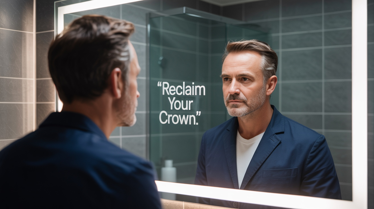 a balding person in the bathroom confused about choosing right hair transplant method