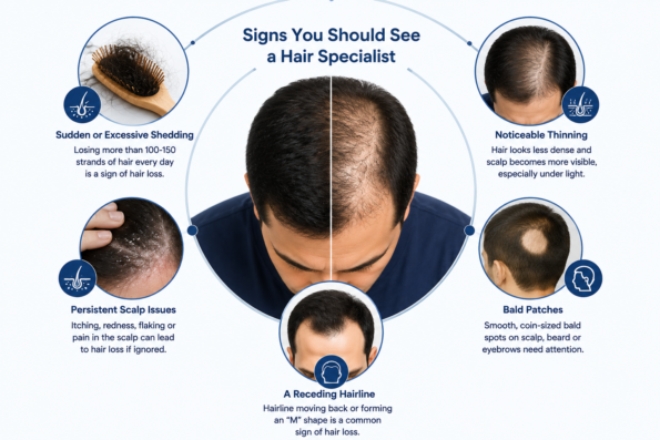 Infographic showing common signs that indicate you should visit the Best Hair Specialist in Pune, including hair thinning, excessive hair fall, receding hairline, bald patches, and scalp problems.