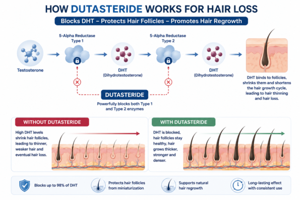Medical infographic explaining Dutasteride hair regrowth by blocking Type 1 and Type 2 5-alpha reductase enzymes, reducing DHT levels, and protecting hair follicles from thinning.