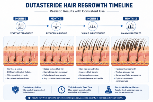 Dutasteride Hair Regrowth timeline infographic showing month-by-month hair regrowth results from Month 0 to Month 12, including reduced hair shedding, improved hair density, and thicker hair growth.