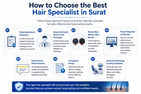 Hair Specialist Doctor in Surat infographic showing how to choose the right hair specialist by checking doctor experience, scalp diagnosis, before-and-after results, patient reviews, transparent pricing, and advanced hair restoration technology.