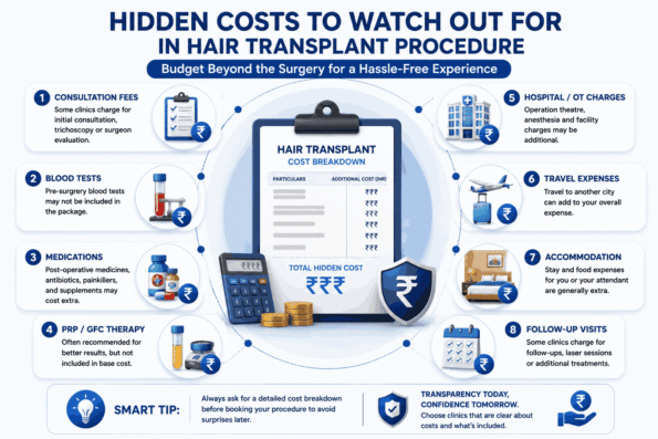 Hair Transplant Cost in Indian Rupees infographic explaining hidden costs that affect the final hair transplant price.