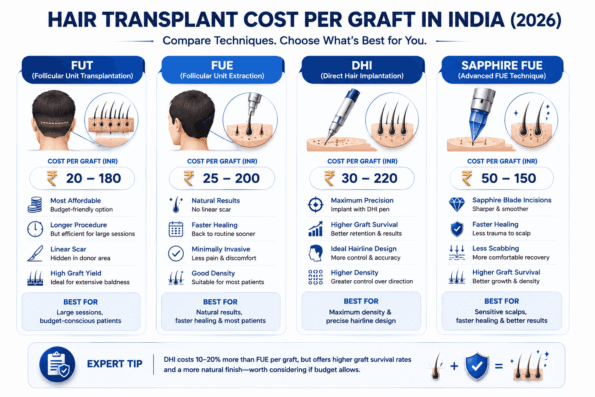 Hair Transplant Cost in Indian Rupees infographic comparing FUT, FUE, DHI, and Sapphire FUE techniques with per-graft pricing, key benefits, healing time, and ideal patient suitability in India.