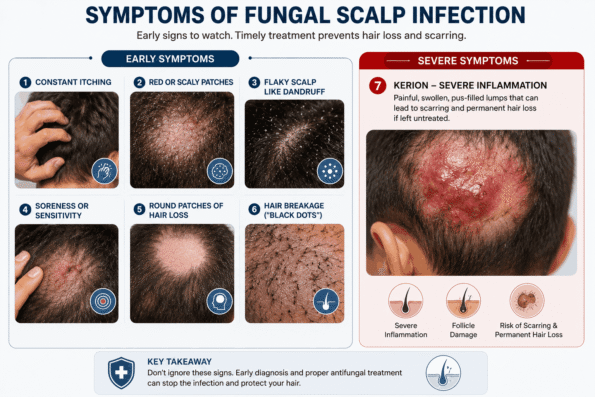 Fungal scalp infection symptoms showing itching, scaly patches, flaky scalp, hair breakage, patchy hair loss, and severe inflammation