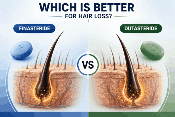 Finasteride vs Dutasteride comparison showing both medications and their effect on hair follicles for hair loss treatment