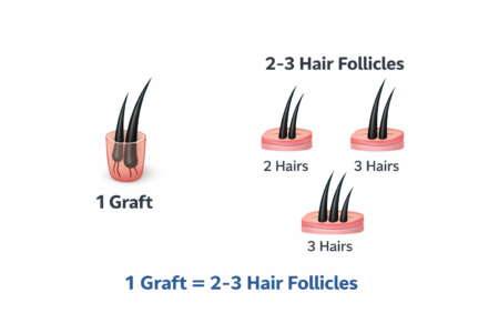 Hair transplant graft diagram showing 1 graft equals 2–3 hair follicles