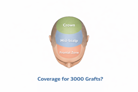 Scalp coverage diagram showing frontal zone, mid scalp and crown for 3000 grafts