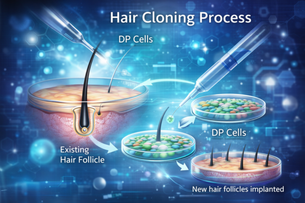 Hair cloning process showing dermal papilla cells being multiplied in a laboratory and implanted to create new hair follicles