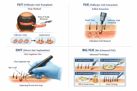 A Detailed Overview on Hair Transplant Cost in Surat 2 Hair transplant techniques FUT FUE DHT BIG FUE comparison