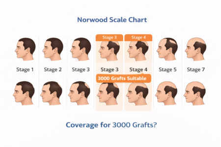 Norwood scale chart showing stage 1–7 hair loss with stage 3 and 4 suitable for 3000 grafts