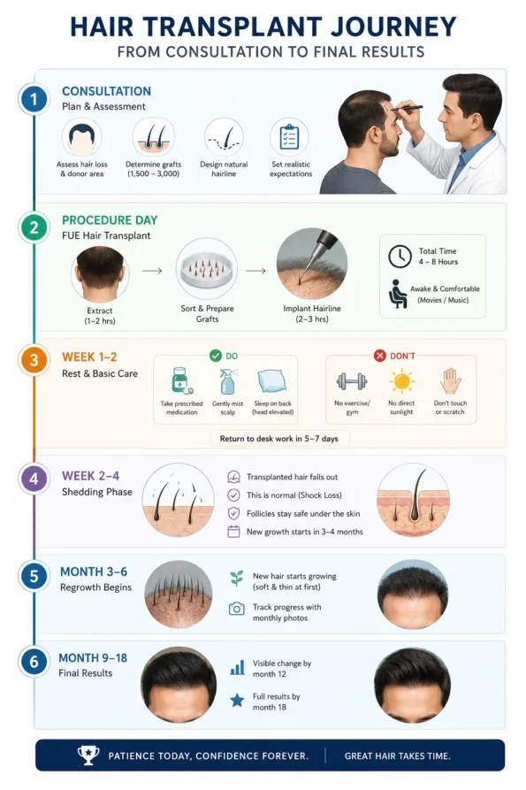 Hair transplant journey infographic from consultation to 12 month final results