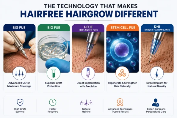 Advanced FUE hair transplant techniques at Hairfree Hairgrow including BIG FUE, Bio FUE, I-FUE, Stem Cell FUE, and DHI