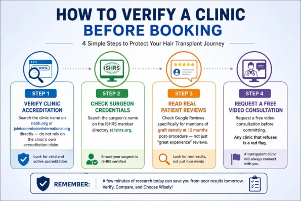 Infographic showing how to verify a hair transplant clinic before booking