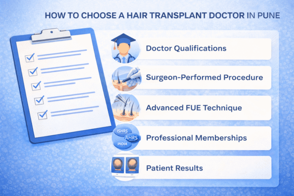Checklist showing key factors to evaluate the 5 Best Hair Transplant Doctors in Pune, including qualifications, FUE techniques, memberships, and patient results