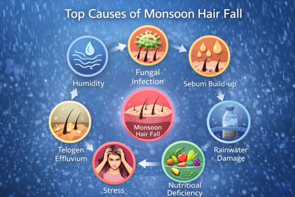 Medical infographic showing top causes of hair fall in monsoon including humidity, fungal infection, telogen effluvium, stress, rainwater damage, and nutritional deficiencies