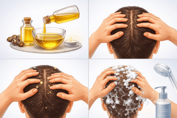 Castor oil for hair application guide showing oil preparation, scalp massage, and hair cleansing routine