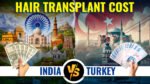 Thumbnail comparing hair transplant costs in India vs Turkey, featuring iconic landmarks from both countries, currency notes in each hand, national flags, and a central 'India vs Turkey' comparison graphic.