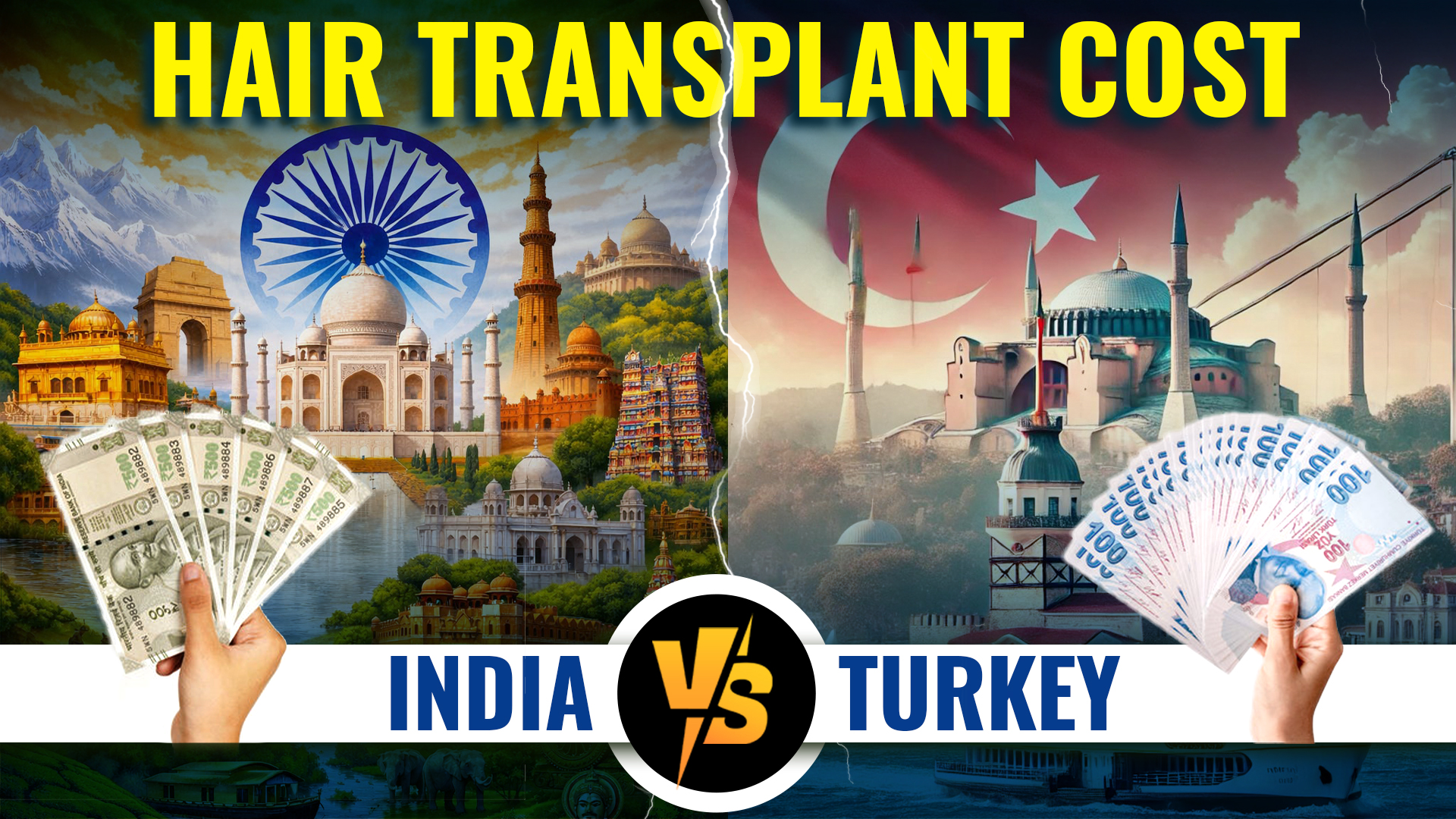 Blog 43 Thumbnail comparing hair transplant costs in India vs Turkey, featuring iconic landmarks from both countries, currency notes in each hand, national flags, and a central 'India vs Turkey' comparison graphic.